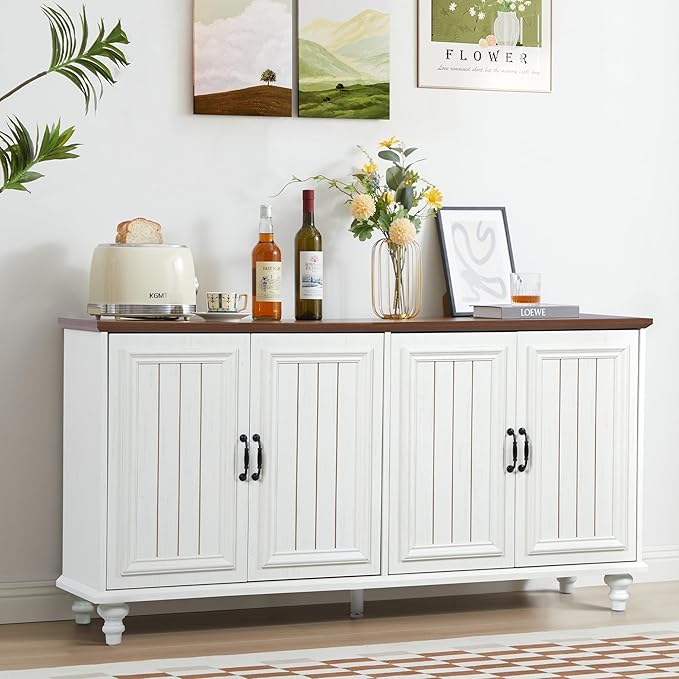 59" Sideboard Buffet Cabinet with Storage, Large Retro Credenza with 4 Doors & Adjustable Shelves Wood Rectangular Coffee Bar Table Console for Kitchen, Living Room, Hallway, Entry (Beige)