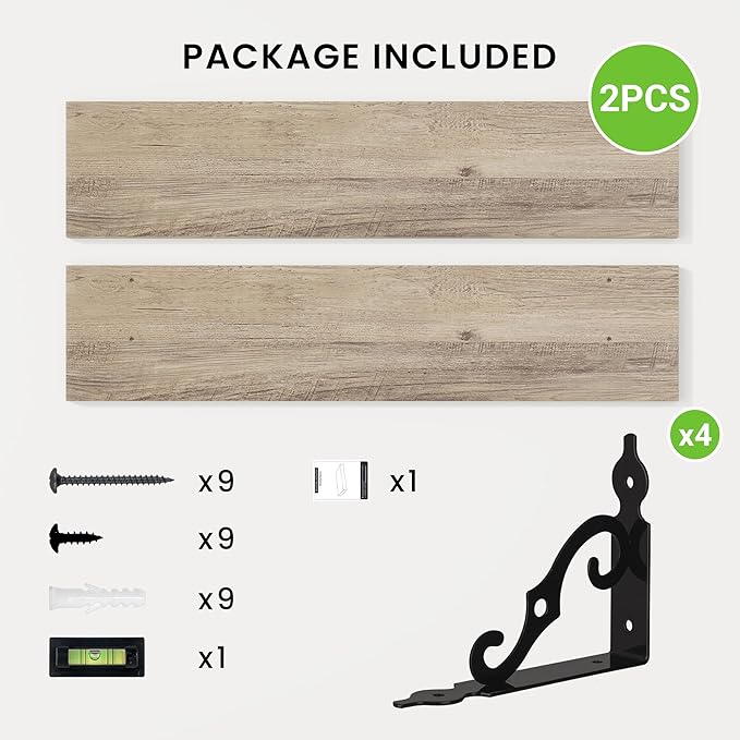 RICHFOCUS Floating Shelves for Wall Decor, 35.4W x 8D Wall Shelves Set of 2, 8 Inch Deep Rustic Wood Shelves Wall Mounted with Brackets, Long Floating Shelves for Living Room Bedroom Kitchen, Grey