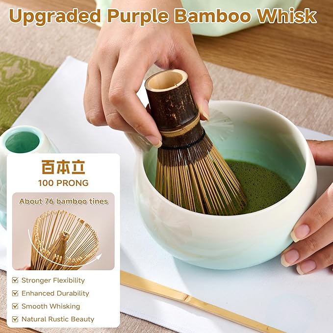Matcha Whisk Set, 6PCs Japanese Matcha Kit with Crystalline Glaze Matcha Bowl, Purple Bamboo Whisk, Scoop, Sifter & Tea Towel – Gifts for Women Mom Her, Tea Gifts for Christmas, Birthday