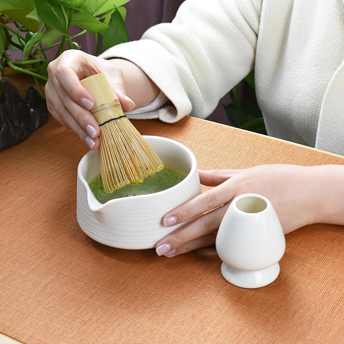 Artcome Matcha Tool Set - Complete Kit with Matcha Bowl with Spout, Bamboo Whisk, Tea Scoop, Whisk Holder, Scoop Holder, Tea Cloth & Powder Strainer, Porcelain White