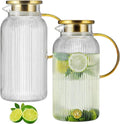 2 PACK Glass Pitcher with Lid, 68 oz/ 2 Liter Classic Vertical Stripes Water Pitcher with Yellow Handle,Glass Water Carafe for Cold Brew, Coffee, Lemonade, Iced Sun Tea,Beverage,Heat Resistant