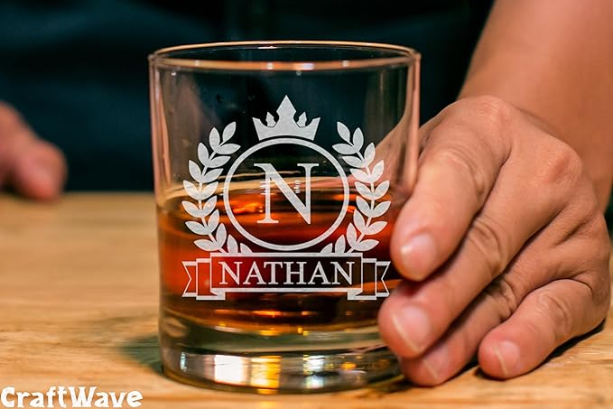 Personalized Whiskey Glass for Men, Custom Engraved Name & Initial Rocks Glasses, 11oz, Barware for Men, Father’s Day Gifts - Set of 4