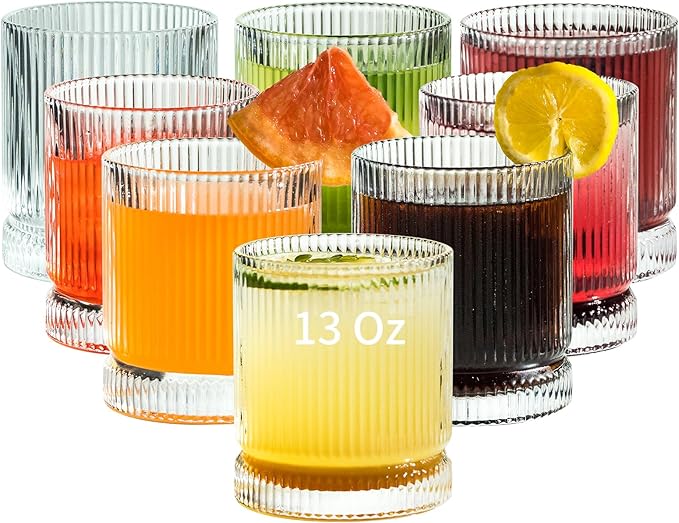 KEMORELA Drinking Glasses Set of 8, Ribbed Glassware, 13 Oz Old Fashioned Whiskey Glass, Vintage Glassware, Origami Style Cocktail Glasses, Clear Bar Glasses for Iced Coffee & Beverages (8PCS)