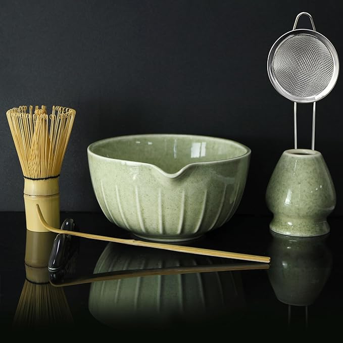Matcha Whisk Set 7 Pcs - Ceramic Matcha Set with Bowl, Whisk, Holder, Bamboo Scoop, Rest, Sifter, and Tea Towel – Elegant Matcha Kit Gift for Women