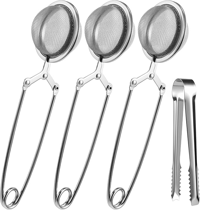 Tea Infuser Set of 3 with Handle – 304 Stainless Steel Tea Ball Strainers for Loose Leaf Tea – Bonus Tea Scoop Clip – Fine Mesh, Rustproof, Easy to Use
