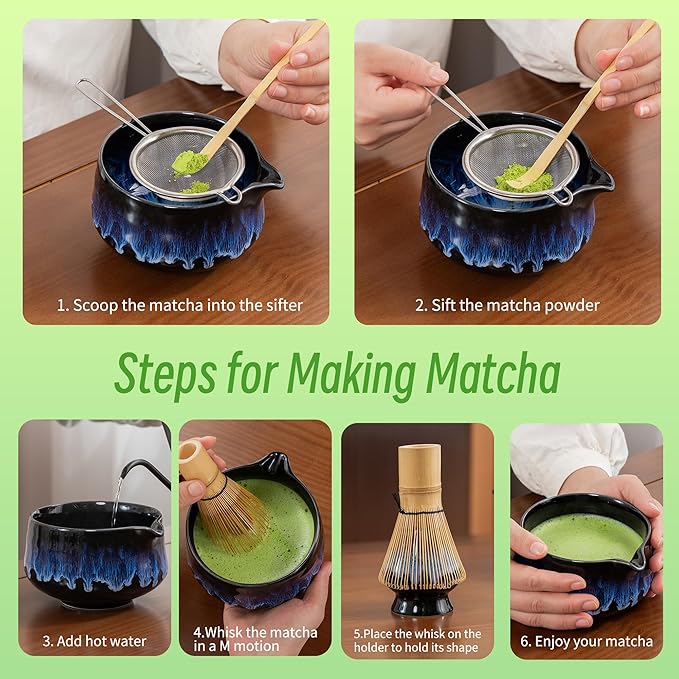 TEANAGOO 7 Pcs Matcha Whisk Set,Matcha Set for Ceremony,Matcha Kit Junware-Blue,Matcha Tea Set for Making Breakfast/Latte,Ceramic Bowl(chawan) whith Spout and Whisk,Gift for Matcha Lover