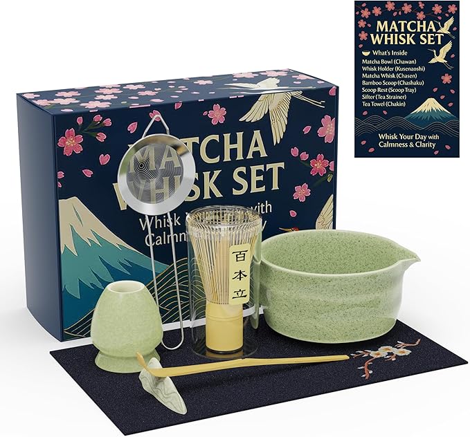 8-Piece Matcha Whisk Set with Ceramic Bowl & Bamboo Tools, Complete Japanese Matcha Tea Ceremony Kit, Green Speckled Chawan with Spout, Matcha Starter Set for Home Rituals & Gifts