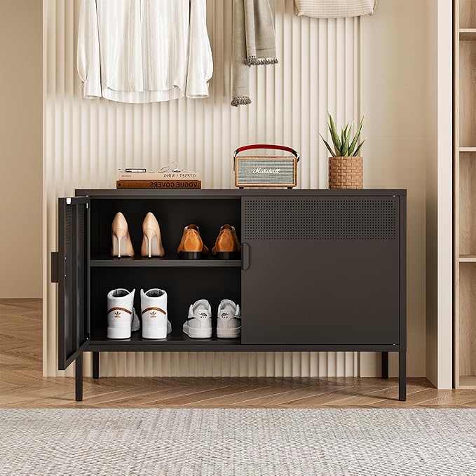 Metal Storage Cabinet with Doors,Black Accent Cabinet,Metal Locker Storage Cabinets,2 Door TV Media Stand with Removable Shelves for,Home,Office,Entryway,Living Room