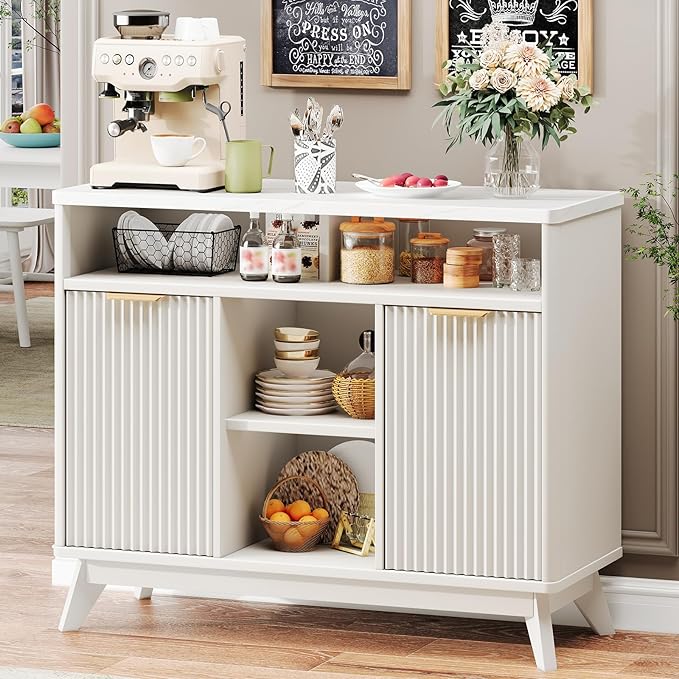 Fluted Storage Cabinet, 39" Sideboard Buffet with Storage, Mid Century Modern Accent Cabinet with Doors and Shelves, Multifunctional Console Table Coffee Bar for Living Room and Kitchen, White