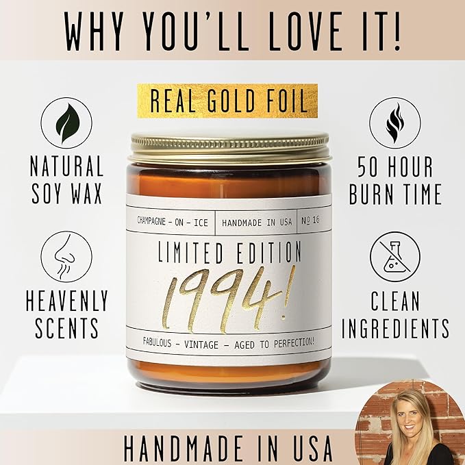 31st Birthday Gifts for Women - 'Limited Edition 1994' Soy Candle, w/Champagne on Ice I 31 Birthday Gifts for Women I 31rd Gift for Her Ideas I 9oz Reusable Jar, 50Hr Burn, Made in USA