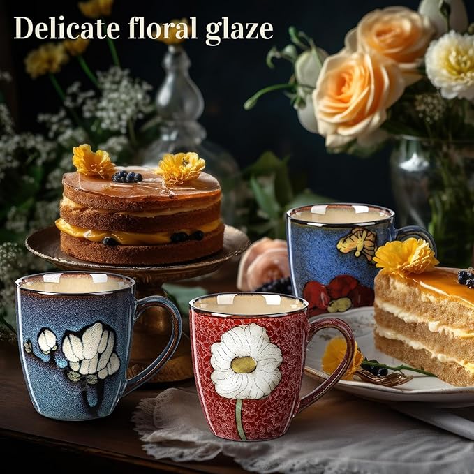 Maxdot 6 Pcs 12oz Ceramic Coffee Mugs Sets Glazing Process Cappuccino Mug Floral Ceramic Tea Cups Christmas Housewarming Idea Gift for Women Porcelain Cup for Coffee, Cocoa, Tea, Latte (Retro)