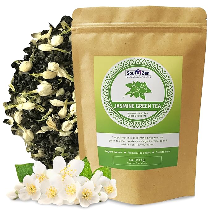 Sou Zen Jasmine Green Tea Loose Leaf Blend 4oz (113g) | Premium Quality Tea Leaves and Flowers | Raw with Naturally Organic Antioxidants | Relaxing and Revitalizing Tea with No Additives