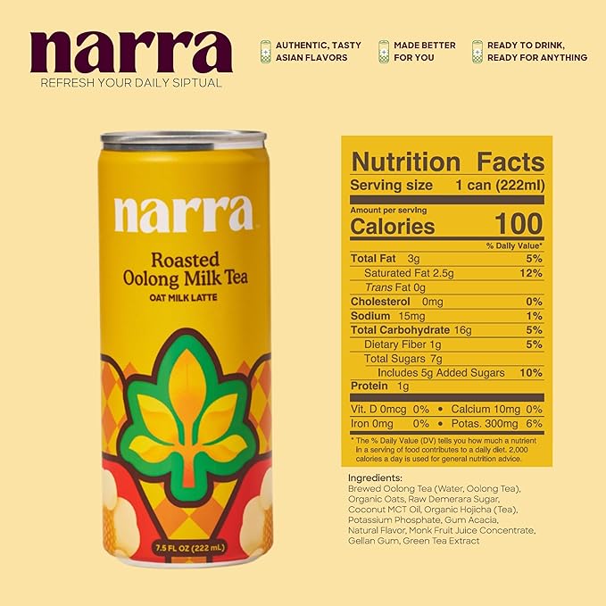 Narra, Oat Milk Tea Latte Variety Pack - Black Tea, Roasted Oolong, Strawberry Matcha, Natural Caffeine & L-Theanine, Organic Oat Milk, MCT Oil, Dairy Free, Non-GMO, 7.5 Fl Oz (12 Pack)
