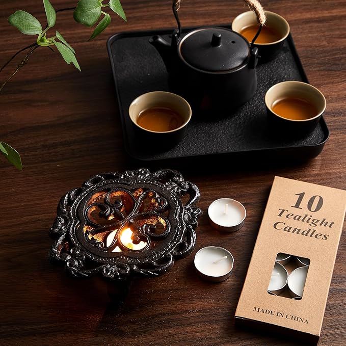 Menkxi Cast Iron Teapot Warmer Dish Cups Heater Pot Trivet with 30 Pieces Candles Heavy Duty Decorative Candle Holder Stands for Teapot Heat Food Coffee or Tea