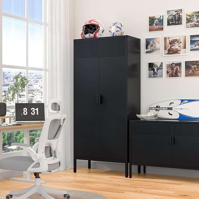 Metal Storage Cabinet with 2 Doors and 3 Adjustable Shelve,61" Black Kitchen Pantry Storage,Office Steel Cabinets Locker for Kitchen,Living Room,Dining Room,Home,Office