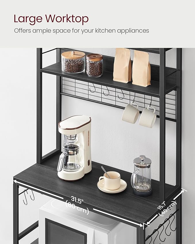 VASAGLE Bakers Rack with Power Outlet, Microwave Stand, Kitchen Tall Utility Storage Shelf, with Metal Wire Panel, 14 Hooks, 15.7 x 31.5 x 66.9 Inches, Charcoal Gray and Ink Black UKKS025B22