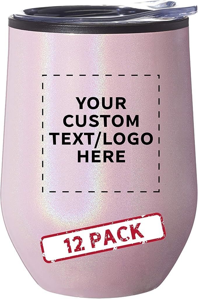 Custom Palmera Stemless Wine Tumblers with Lids 12 oz. Set of 12, Personalized Bulk Pack - Perfect for Wine, Cocktails, Other Hot & Cold Beverages - Iridescent Pink