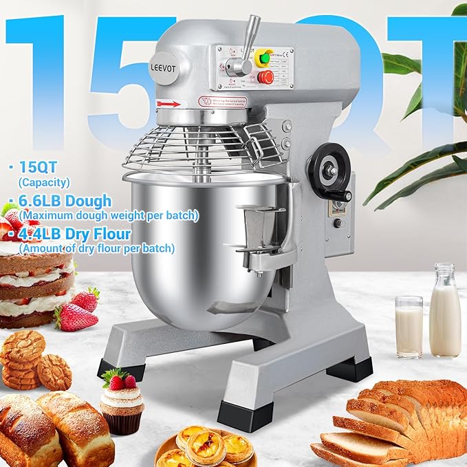 15Qt 600W Commercial Food Mixer, Commercial mixer 3 Speed Adjustable, Heavy Duty Stand Mixer with Stainless Steel Bowl for Bakery Pizzeria.