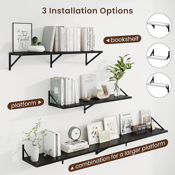 Axeman Black Floating Shelves for Wall - 36 Inch Wide x 10 Inch Deep Floating Shelves Set of 2 -Black Wide Wall Shelves for Living Room Bathroom Bedroom
