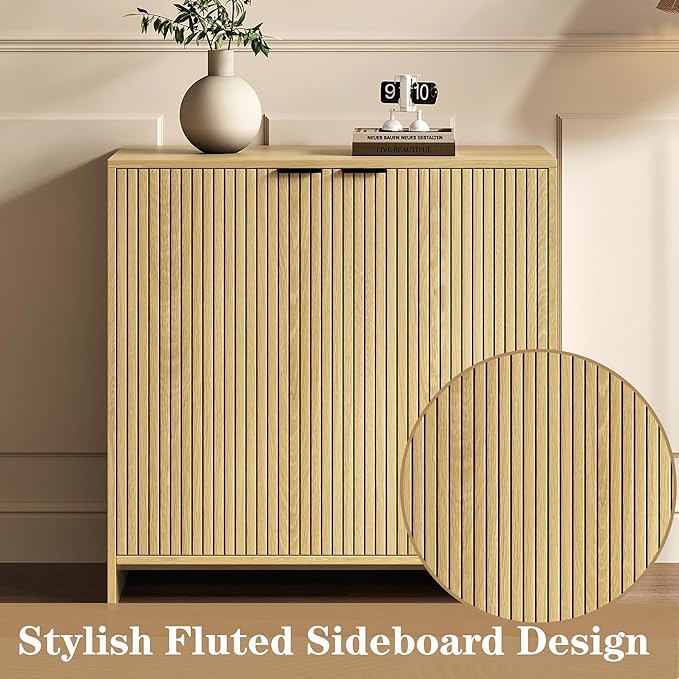 31.5" Fluted Buffet Cabinet with Storage, Sideboard Buffet Storage Cabinet with 2 Doors and Adjustable Shelves, Wood Mid-Century Media Console Coffee Bar Table for Living Room ,Kitchen, Entryway