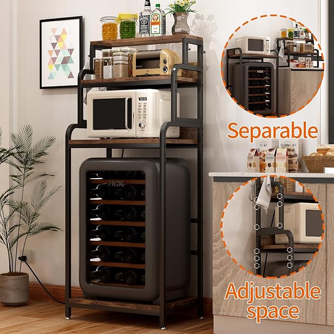 4-Tier Mini Fridge and Microwave Stand Shelf Organizer,61.6" Tall Mini Fridge Cabinet Bakers Rack with Power Outlet,Microwave Oven Stand,Kitchen Shelf Coffee Bar for Home Office Dorm