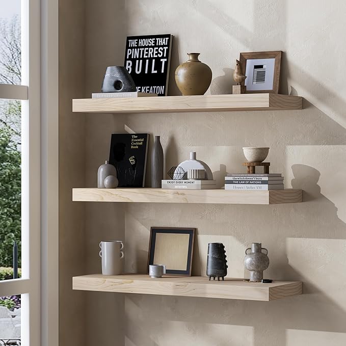 Fun Memories Farmhouse Floating Shelves - 8 Inch Deep Rustic Wood Wall Shelf - Premium Solid Pine Wood Storage Shelf for Kitchen Living Room Bedroom - 24" W x 8" D - Set of 2 - No Stain - Unfinished