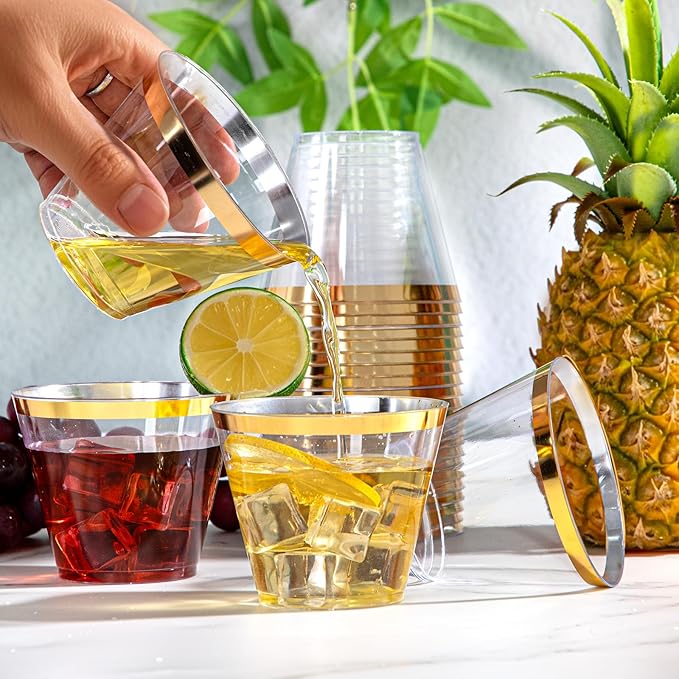 WELLIFE 200 PCS Gold Plastic Cups,9 oz Clear Plastic Cups,Disposable Wine Glasses,Plastic Cocktail Glasses for Party and Wedding