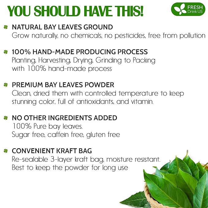 FreshDrinkUS, Premium 4.5oz Bay Leaf Powder, Unprocessed Ground Bay Leaves Dried, 100% Pure & Natural, Pure from Bay Leaves, Bay Leaf Spice, No Additives, No Gluten, Vegan.