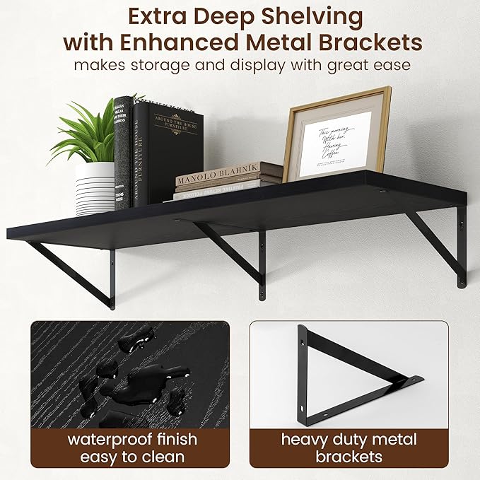 Axeman Deep Floating Shelves - 40 Inch Black Floating Shelves Set of 2-12 Inch Deep Wood Wall Shelves for Living Room Bathroom Kitchen