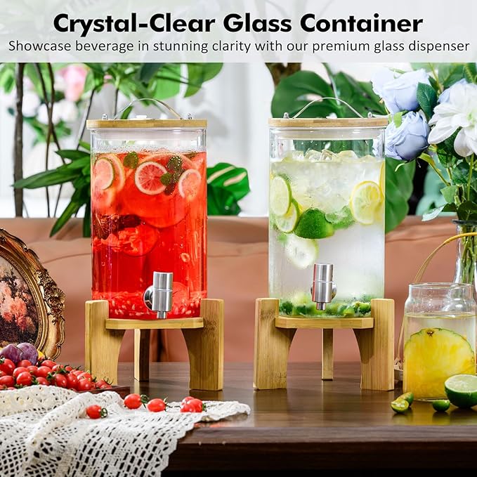 1.2 Gallon Large Glass Drink Dispenser For Parties, Beverage Dispenser with Bamboo Wood Stand and Stainless Steel Spigot, Juice, Lemonade, Water jug dispenser, Laundry Detergent Dispenser (1 PACK)
