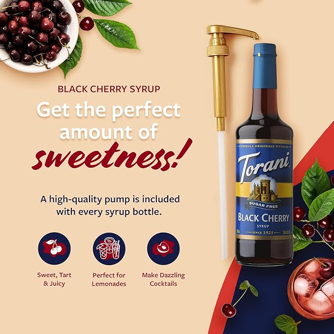 Torani Sugar Free Syrup, Black Cherry Flavored Syrup for Drinks, Zero Calorie, Glass Bottle with Pump Included, 25.4 Fl Oz