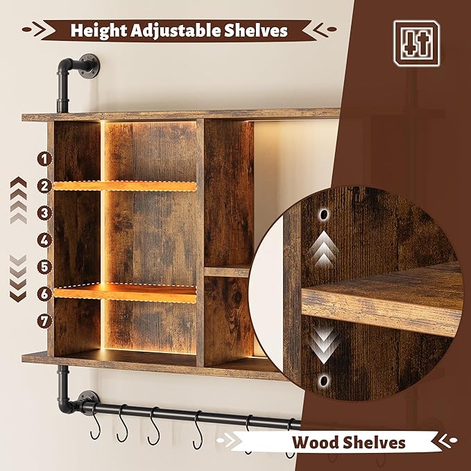 REIBII 4-Tier Industrial Pipe Shelving, 37.4" Kitchen Shelf with LED Light, Floating Shelves with 8 S-Hooks for Kitchen, Living Room, Home Office Bar, Rustic Brown
