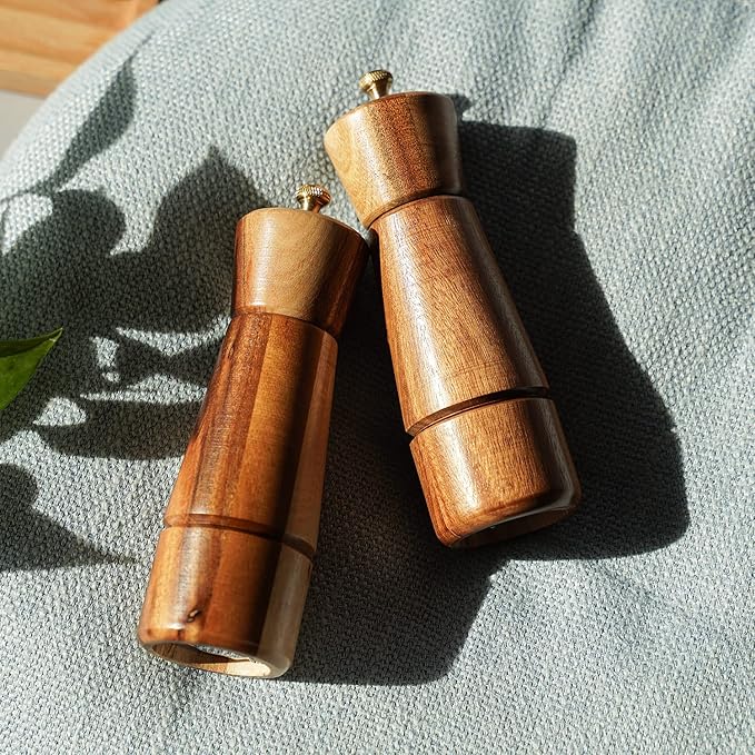 Salt and Pepper Mill Set, Adjustable Ceramic Grinder Salt Mill, Stainless Steel Grinder Pepper Mill, Acacia Wood, 16.5 cm / 6 inch Height, Bottom Dia 5 cm (Tray is NOT Included)
