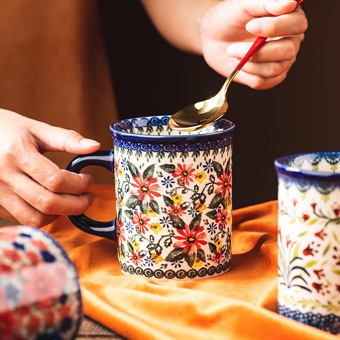 Ceramic Latte Mug Set of 4, 15.5oz Hand Painted Porcelain Coffee Cups With Handle for Tea/Milk/Cocoa - Modern Retro Design For Any Kitchen. Microwave and Dishwash Safe (Exotic Daisy)