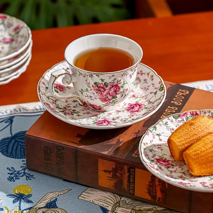 tea cups and saucers ceramic coffee mug 6oz for Coffee, Latte, Cafe Mocha and Tea-Set of 4 (Big flowers-Set of 4)