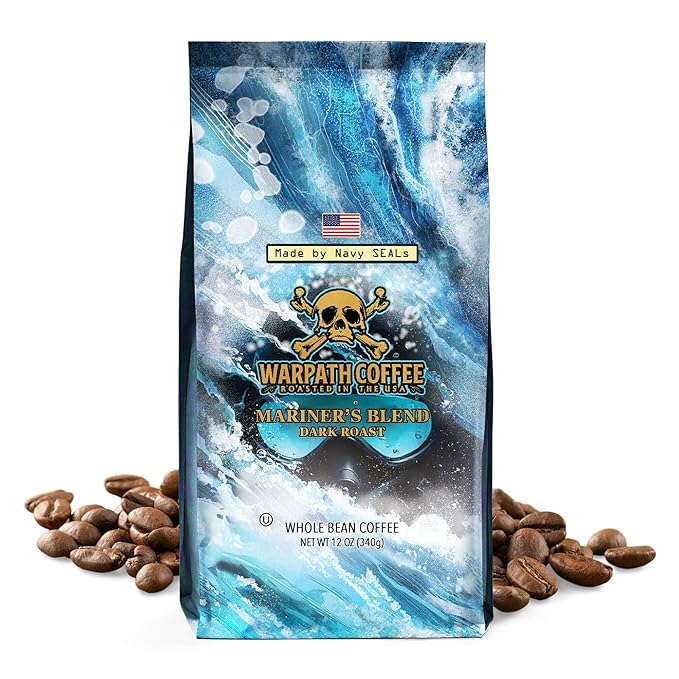Warpath Coffee Dark Roast Whole Bean Coffee, Mariner's Blend, High Caffeine, Extra Strong Roasted 100% Arabica Coffee Beans Whole, Rich Aroma, Full-Bodied Intense Cup, Created by Navy SEALs, 12oz