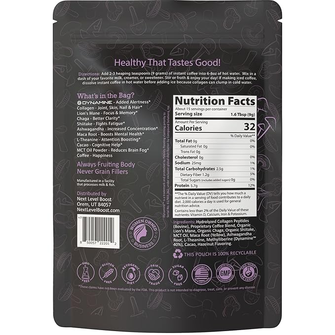 Focus Boost Organic Mushroom Instant Coffee - 135g, 15 Servings Pouch - Healthy Coffee alternative and Substitute - With Dynamine, Collagen, Lions Mane and Antioxidants