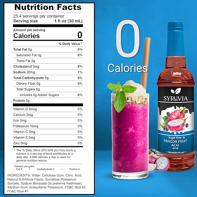 Syruvia Sugar-Free Dragon Fruit Acai Syrup - 25.4 fl oz. Premium Coffee Flavoring Syrup. 0 Calories, Kosher, and Gluten-Free. Perfect for Drinks, Sodas, Shakes, Desserts, and More. (Pack of 2)