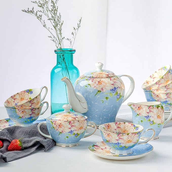 ONEUSTAR Tea Cup and Saucer Set for 1 Bone China Coffee Cup 7 oz Vintage Floral English Teacup for Women Tea Party Birthday Mother's Day Gift, Blue