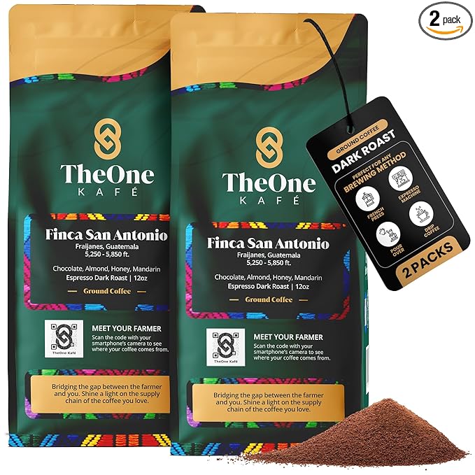 TheOne Kafé Guatemala Dark Roast Ground Coffee – Organic, Single Origin, Premium Specialty Coffee and Ethically Sourced – Fresh Roasted for Espresso, Drip, Pour Over – 12 oz (Pack of 2)