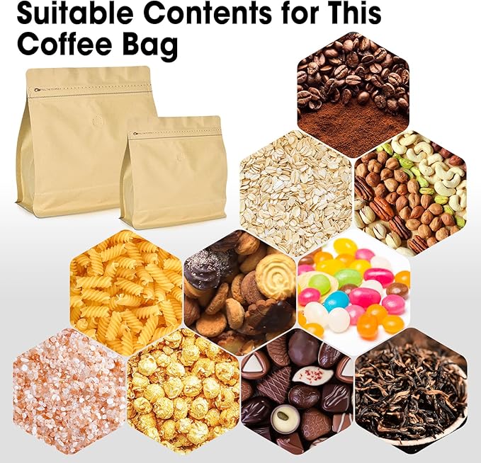 50 Count 8oz Coffee Bags with Valve,1/2 lb Vented Coffee Beans Packaging Bags High Barrier Aluminumed Foil Flat Bottom Heat Sealed Side Zipper Resealable Storage Bag for Home or Business（Kraft paper）