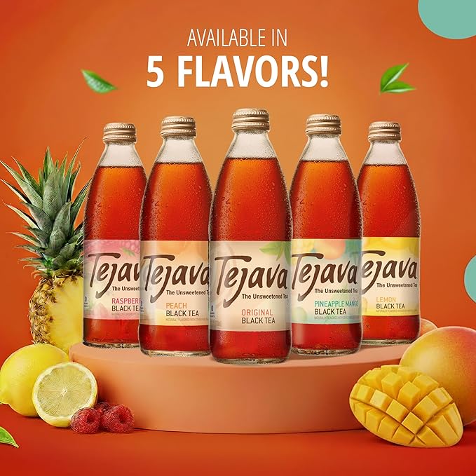 Tejava Peach Black Iced Tea, 12 Pack, 12oz Glass Bottles, Unsweetened, Non-GMO, Kosher, No Sugar or Sweeteners, No calories, No Preservatives, Brewed in Small Batches