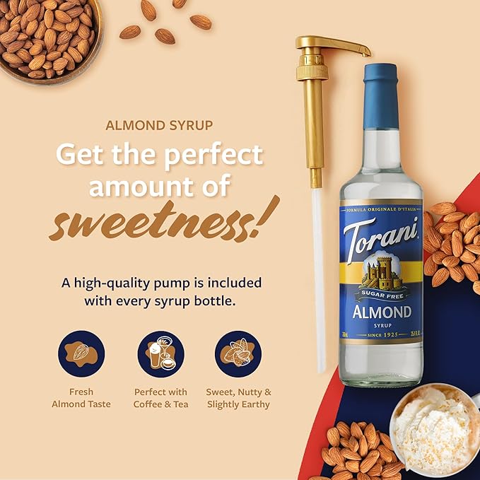 Torani Sugar Free Syrup, Almond Flavored Syrup for Drinks, Zero Calorie, Glass Bottle with Pump Included, 25.4 Fl Oz