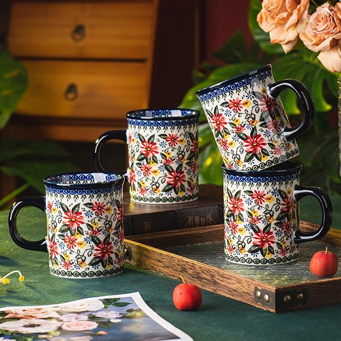 Ceramic Latte Mug Set of 4, 15.5oz Hand Painted Porcelain Coffee Cups With Handle for Tea/Milk/Cocoa - Modern Retro Design For Any Kitchen. Microwave and Dishwash Safe (Exotic Daisy)