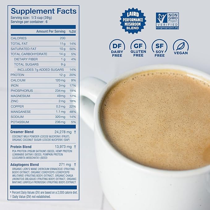 Laird Superfood Non-Dairy Protein Creamer, Sweet & Creamy + Adaptogens, Superfood Creamer with Functional Mushrooms, 12g Protein Per Serving, 8oz Bag