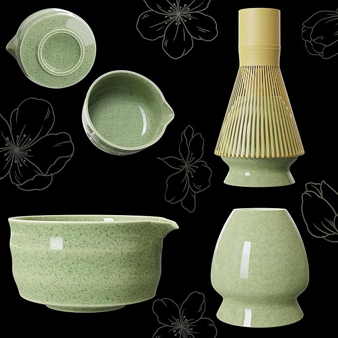 8-Piece Matcha Whisk Set with Ceramic Bowl & Bamboo Tools, Complete Japanese Matcha Tea Ceremony Kit, Green Speckled Chawan with Spout, Matcha Starter Set for Home Rituals & Gifts