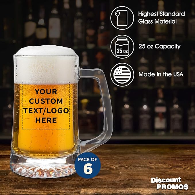 DISCOUNT PROMOS Custom ARC Glass Beer Mugs 25 oz. Set of 6, Personalized Bulk Pack - Great for Octoberfest, Pub, Restaurant - Clear