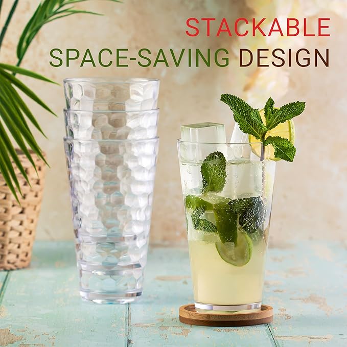 Hammered Plastic Drinking High Tumbler, Dishwasher-Safe Premium Quality Glasses, BPA-Free Reusable Outdoor Cups, 22 oz Set of 10