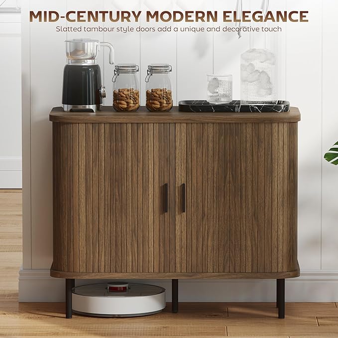 HOMCOM 35.4" Sideboard Buffet Cabinet with Storage, Nordic Coffee Bar Cabinet with Slatted Tambour Doors and Metal Legs, Kitchen Credenza, Walnut