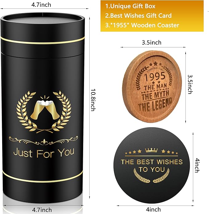 30th Birthday Beer Glasses Gifts, Personalized '1995' Vintage Glass Ware Set for Men, Black Gift Package with Drinking Glass, Coaster, and Card for 30 Years Old Man